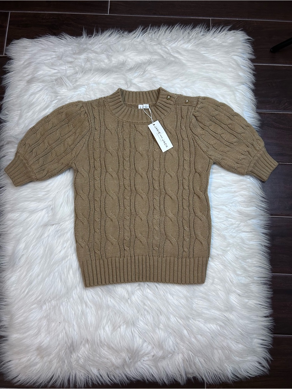 NWT Janie and Jack Cable Knit Sweater Girls 10 Puff Sleeve Preppy Brown